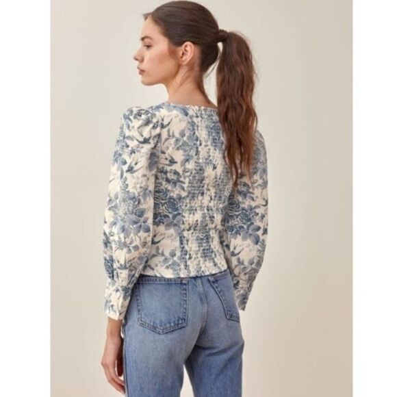 💕REFORMATION💕 Stilton Linen Top  Pompadour Blue White Floral Bird Print 2 NWT - Picture 4 of 13